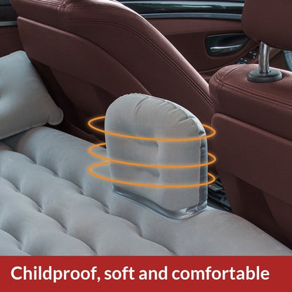 Childproof and comfortable wave-shaped inflatable car bed pillow in a vehicle.